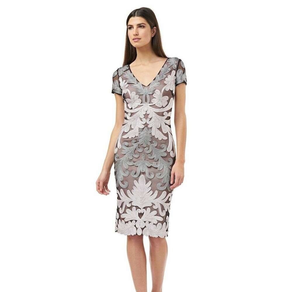 New JS Collections V Neck Soutache Evening Dress Embroidered Gray Black Size 2